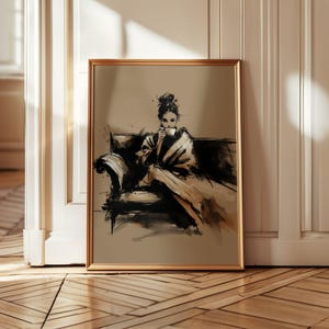 Woman Reading Coffee Wall Art Book Lover Print Cozy Reading Nook Decor Neutral Beige Scandinavian Printable Download