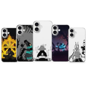 May include: A collection of five phone cases featuring anime-style illustrations. The cases display various designs, including a firefighter, a figure with a glowing symbol, and other characters in a manga style, with a white background.