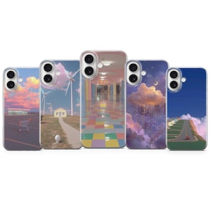 Pode incluir: Cinco capas de telemóvel com designs únicos. As capas apresentam várias cenas de paisagens, incluindo um pôr do sol, turbinas eólicas, um corredor, um céu nublado com uma lua crescente e uma estrada com um carro. Cada capa tem uma borda transparente.