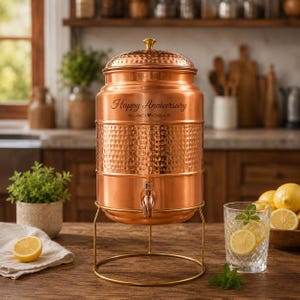 May include: A copper water dispenser with a hammered texture, a spigot, and a lid. The words "Happy Anniversary" are engraved on the front. It sits on a gold-colored metal stand. A glass of water with lemon slices and mint is in the foreground.