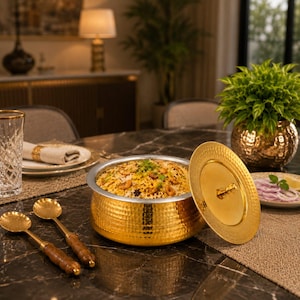 May include: A gold-toned hammered metal serving bowl filled with rice, cashews, and herbs, accompanied by a matching lid and two long-handled spoons with wooden grips. The bowl features a silver-coloured rim and a textured, dimpled exterior finish.