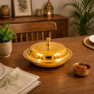 May include: A polished gold-toned metal serving dish with a matching domed lid and a central knob handle, accompanied by a smaller matching gold-toned bowl containing a red sauce, both featuring a smooth, reflective metallic finish.
