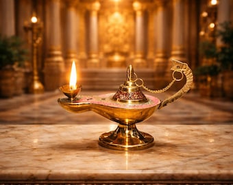 Vintage Brass Oil Lamp Diya, Aladdin Style Puja Diya, Decorative Home Decor