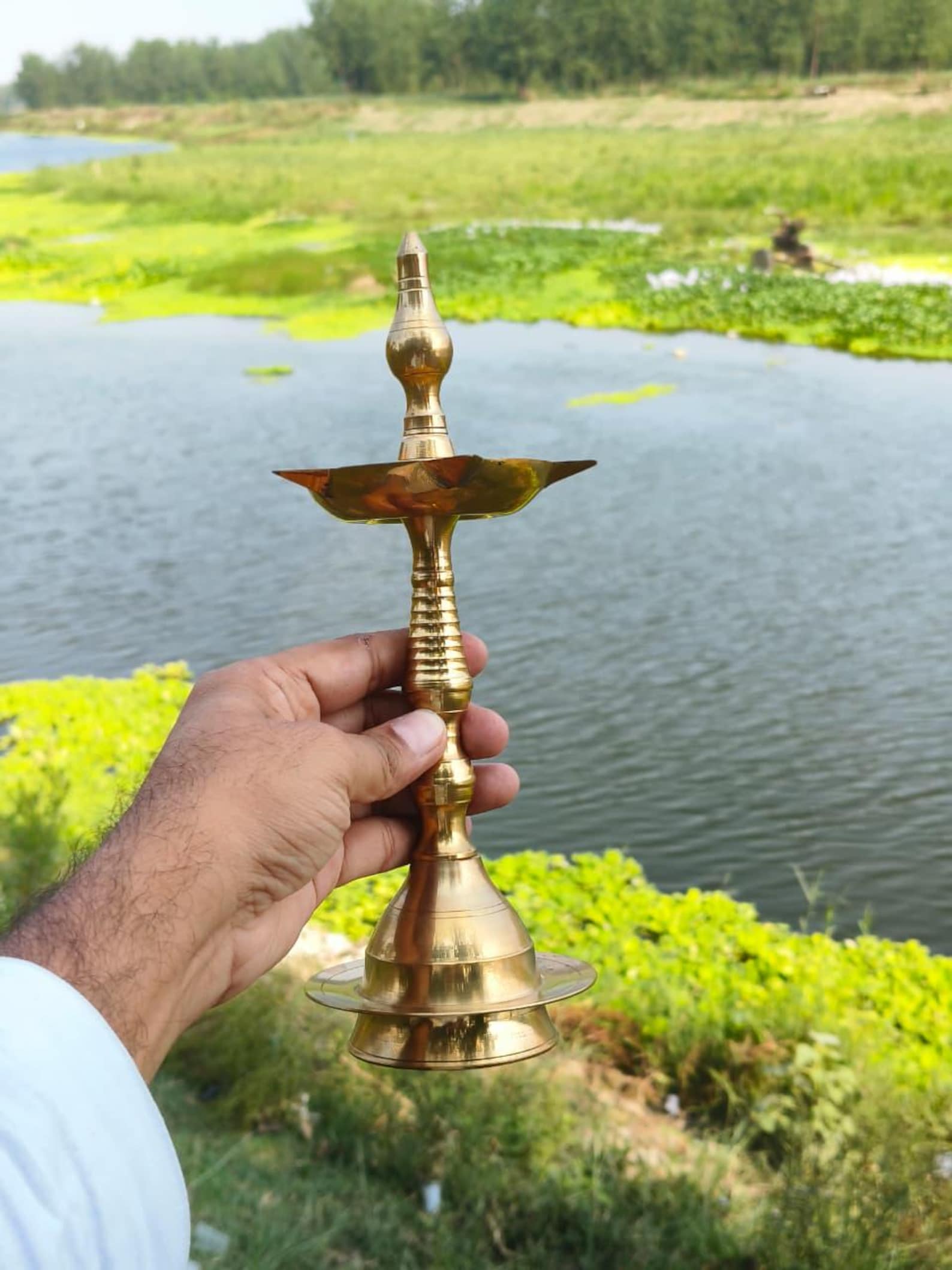 Handmade Brass Kerala Nilavilakku Lamp | 5 Wick Kuthu Vilakku, South Indian Pooja Deepam