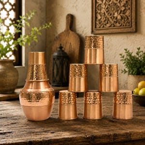 May include: A set of copper drinkware consisting of one tall pitcher and five matching tumblers. Each piece features a hammered texture on the upper portion, a smooth base, and a decorative beaded band separating the two distinct surface finishes.