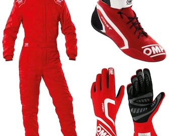 Tuta da gara professionale OMP per go-kart, guanti, scarpe e passamontagna in tessuto Cardura 600D.