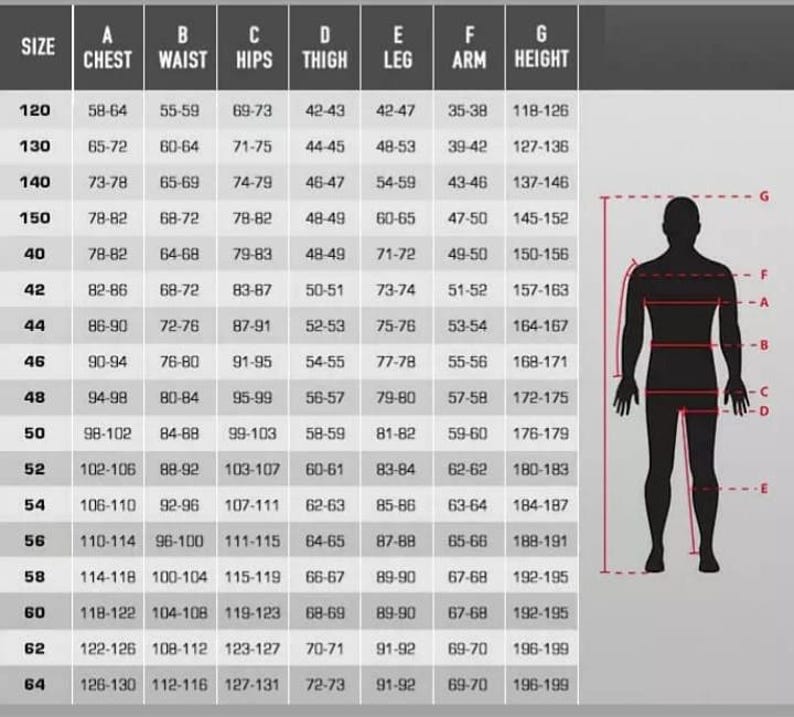 以下が含まれることがあります： 胸囲、ウエスト、ヒップ、太もも、脚、腕、身長の測定値を示すサイズチャート。 サイズは120から64までで、cm単位の測定値と、測定箇所を示す人間のシルエットが含まれています。