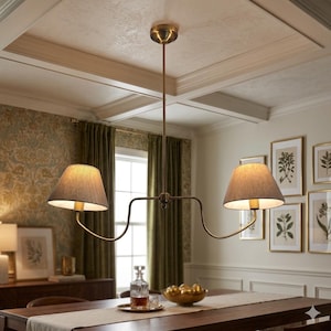 Handmade Brass 2-Light Pendant Chandelier | Modern Vintage Fabric Shade Hanging Lamp | Kitchen Light Fixture