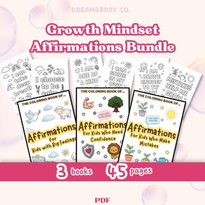 Puede incluir: Un conjunto de tres libros para colorear titulado "Growth Mindset Affirmations Bundle". Cada portada presenta ilustraciones y el texto "Affirmations for Kids". El conjunto incluye 45 páginas de afirmaciones.