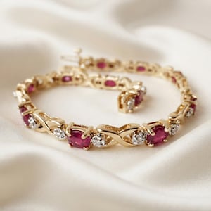 14K Yellow Gold Oval Cut Ruby & Diamond Tennis Bracelet , July Birthstone Gift , Anniversary Jewelry , Wedding Bracelet Gift For Women's
