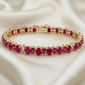 14K Yellow Gold Oval Ruby Tennis Bracelet, July Birthstone Gift Anniversary Jewelry, Wedding Bracelet Gift For Women's