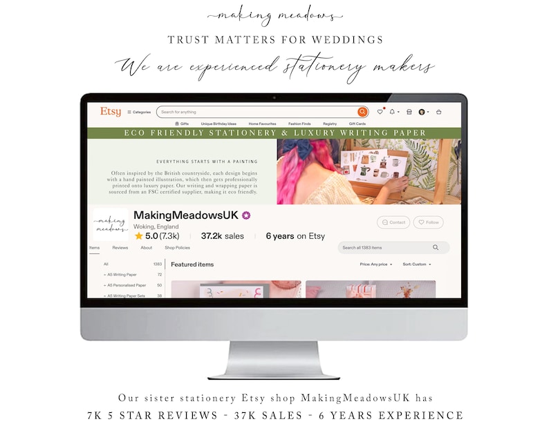 Making Meadows have a sister stationery company that has over 6 years experience and over 7k 5 star reviews and over 37k sales. This image shows a screen grab of the other stationery website on Etsy.