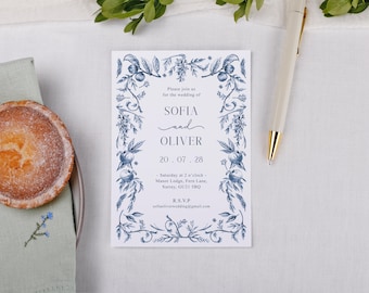 Blue Garden Wedding Invitations Set - A6 Personalised Wedding Invite Stationery
