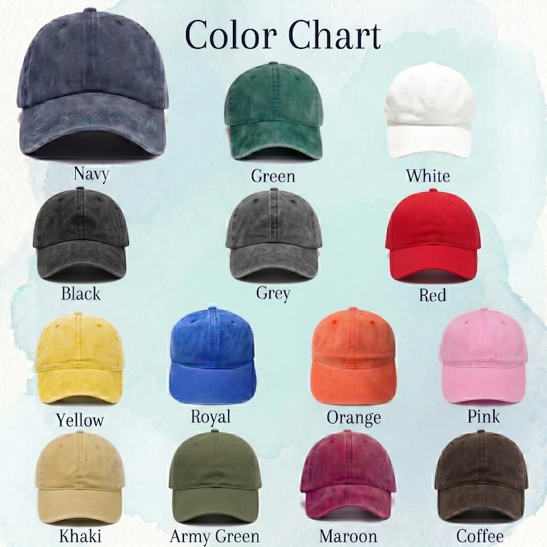 May include: A color chart displaying fourteen baseball caps in various colors including navy, green, white, black, grey, red, yellow, royal blue, orange, pink, khaki, army green, maroon, and coffee. Each cap features a curved brim and crown.