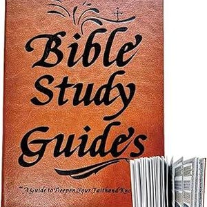 May include: A brown Bible Study Guides book with the title in large, black, cursive lettering. The book has a textured cover and a small cross design. A stack of open pages is visible on the right.