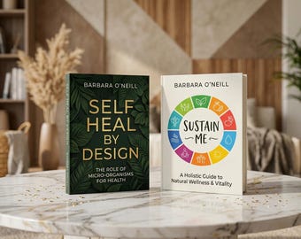 Colección de libros de bienestar de Barbara O’Neill: Sustain Me y Self Heal by Design.