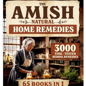 May include: An elderly woman in traditional Amish attire prepares herbal remedies in a rustic kitchen. The image features text that reads "The Amish Natural Home Remedies" and "3000 Time-Tested Herbal Remedies". The book is described as "65 Books in 1".