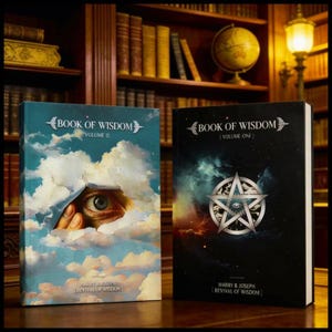 May include: Two hardback books titled "Book of Wisdom" are shown. Volume II has an eye peeking through clouds, and Volume One features a star symbol. Both books display the author's name and the phrase "Revival of Wisdom".