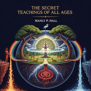 May include: A book cover with the title "THE SECRET TEACHINGS OF ALL AGES" by Manly P. Hall. The artwork depicts a tree of life, a rainbow, deer, and figures pouring water and fire. The background is a dark blue with stars.