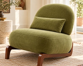 Mid Century Modern Armchair, Olive Green Lounge Chair, Upholstered Armless Reading Chair with Curved Back and Solid Wood Supports