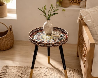 Arabic Coffee Table Tray, Middle Eastern Decorative Side Table, Moroccan Folding Tea Table, Vintage Wood Oriantal Removable Legs Brass Tray