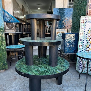 Set of 3 Moroccan Zellij Mosaic Tables - Handmade Emerald Green Tile Coffee & Side Tables
