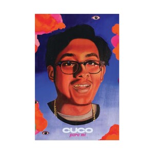 May include: Portrait of a person with glasses, a mustache, and a gold chain, set against a blue background with orange and pink cloud-like shapes and floating eye illustrations. The text "CUCO para mi" is at the bottom.