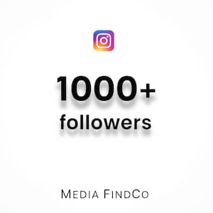 Pode incluir: Imagem com o logotipo do Instagram na parte superior, seguido do texto "1000+ followers" em negrito preto. As palavras estão centralizadas em um fundo branco. O logotipo da Media FindCo está na parte inferior.