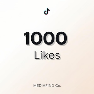 May include: A graphic featuring the TikTok logo, the number "1000" in bold black, and the word "Likes" underneath. The text "MEDIAFIND Co." is at the bottom. The background transitions from white to a light orange hue.