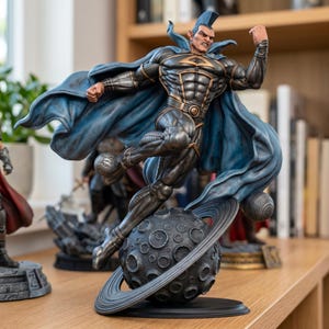 May include: A detailed figurine of a muscular superhero with a blue mohawk, wearing a black and gold suit with a flowing blue cape. The character is posed mid-air, kicking a small sphere above a textured, cratered planet base with rings.