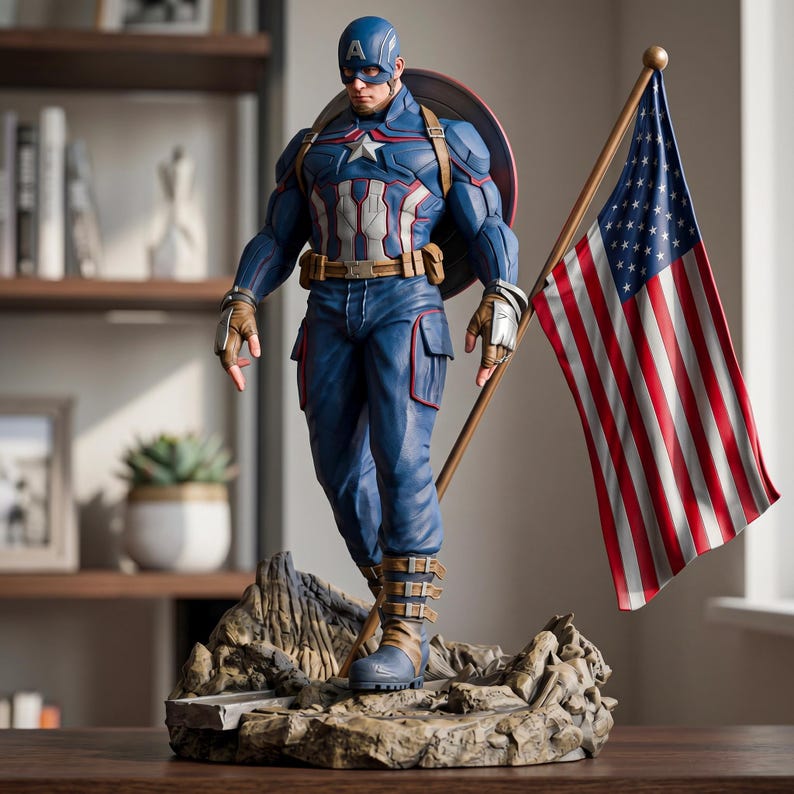 May include: A detailed Captain America figurine wearing a blue tactical suit with a silver star on the chest, a matching helmet with an A, and brown utility gear. The figure stands on a rocky base holding a large American flag on a wooden pole.
