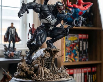 Spiderman vs Venom STL-bestand, 3D-printmodel van een superheld, harsfiguur STL digitale download