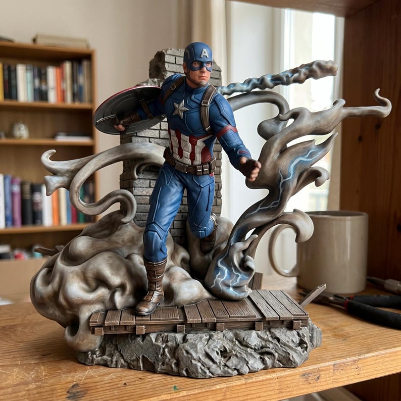 May include: A Captain America figurine standing on a wooden platform with a stone base. The character wears a blue suit with a white star, red and white stripes, and a brown utility belt. A circular red, white, and blue shield is held in one hand.