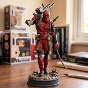 Puede incluir: Una figura de acción detallada de Deadpool sobre una base rocosa. El personaje viste un traje rojo y negro con daños de batalla, lleva un rifle grande sobre un hombro y sostiene una katana en una mano. Dos katanas adicionales se ven en la espalda.