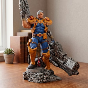 Könnte beinhalten: Eine detaillierte Sammlerfigur eines muskulösen Charakters mit kurzem grauem Haar, bekleidet mit einem blauen und orangefarbenen taktischen Anzug mit Schulterpolstern, der ein großes graues futuristisches Gewehr hält und auf einem Trümmersockel mit einer kleinen roten Figur steht.