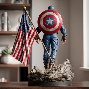 May include: A detailed figurine of a superhero wearing a blue suit with brown gloves and boots, standing on a rocky base. The figure carries a circular red, white, and blue shield on the back and holds a tall pole with an American flag attached.