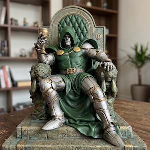 May include: A detailed statue of a character in a green hooded tunic and silver armour, seated on a throne. The throne has lion head armrests and a green, button-tufted back. The figure holds a golden chalice.