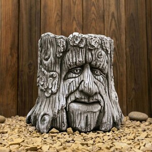 May include: A grey, weathered tree stump planter with a carved face. The face has detailed features including eyes, a nose, and a beard. The planter is set on a bed of small rocks, with a wooden background.