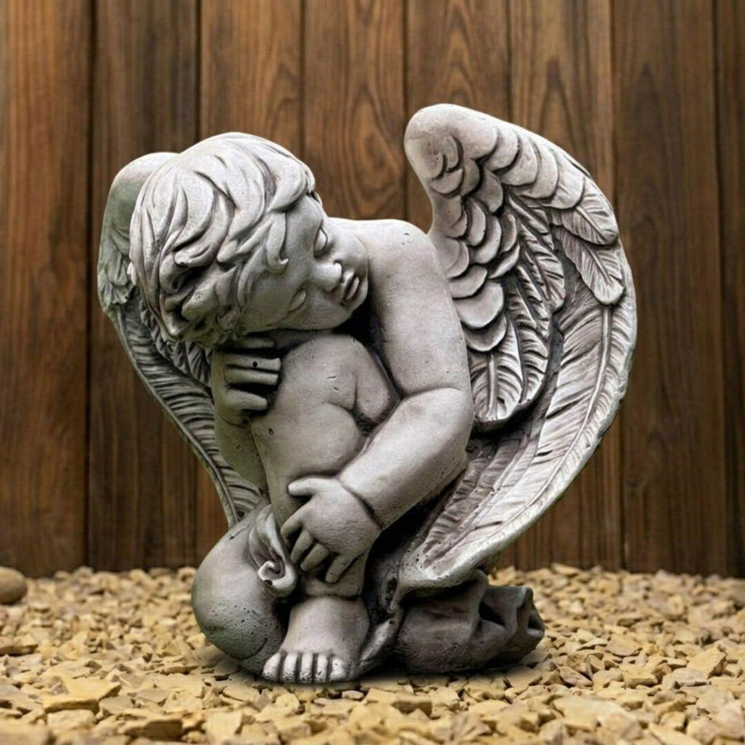 Sitting Angel Statue Concrete Memorial Sculpture Handmade Garden Decor ...