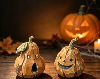 Set di statuette di zucche di Halloween in legno, decorazioni spettrali intagliate a mano, ornamento autunnale per il caminetto, idea regalo