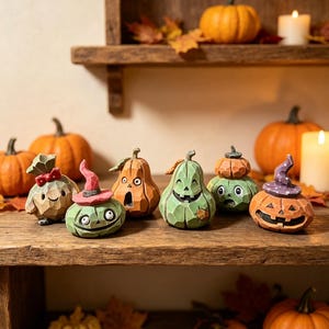 May include: A collection of six small, hand-carved wooden pumpkin figurines with various expressions, colours, and hats. The figures feature carved textures and painted details, including a green pumpkin with a pink hat, an orange pumpkin with a purple hat, and others with unique faces.