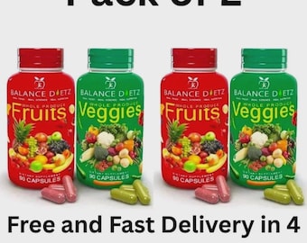 Confezione da 2, 180 porzioni di frutta e 180 porzioni di verdura, integratore alimentare completo con superfood, sigillato.
