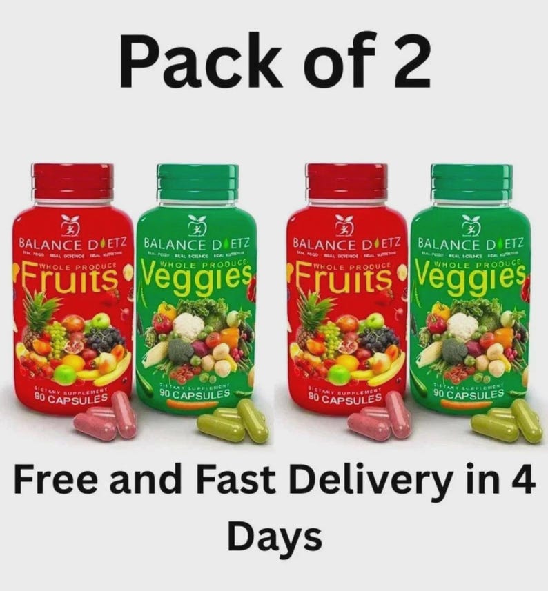 Pode incluir: Quatro frascos de suplementos com tampas vermelhas e verdes. Dois frascos est&atilde;o rotulados como "Fruits" e dois como "Veggies". Os frascos est&atilde;o rotulados como "Balance Dietz" e "90 Capsules". O texto "Pack of 2" e "Free and Fast Delivery in 4 Days" tamb&eacute;m &eacute; vis&iacute;vel.