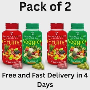 May include: Four supplement bottles with red and green lids. Two bottles are labeled "Fruits" and two are labeled "Veggies". The text "Pack of 2" and "Free and Fast Delivery in 4 Days" are also visible.