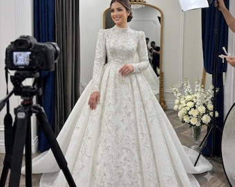 Modest Wedding Dress, Long Sleeve Princess Gown, Detachable Train, Custom Couture Bridal