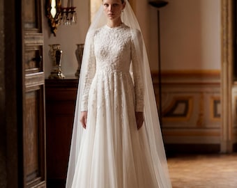 Handmade Elegant High Neck Wedding Dress, Long Sleeves, Modest Bridal Gown