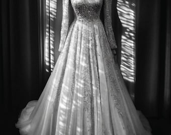 Handmade Royal Wedding Dress, Sparkly High Neck Long Sleeve Bridal Gown