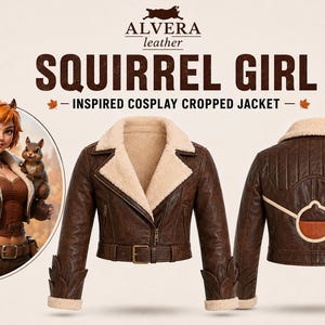 May include: A brown cropped leather jacket with a cream-colored faux fur collar and cuffs, featuring a belted waist, leaf-shaped sleeve details, and a circular back emblem. Text reads: ALVERA leather SQUIRREL GIRL - INSPIRED COSPLAY CROPPED JACKET.
