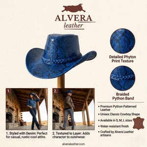 Blue Snakeskin Cowboy Hat | Python Print Western Style, Handmade Genuine Leather, Unisex Festival Hat