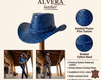 Blue Snakeskin Cowboy Hat | Python Print Western Style, Handmade Genuine Leather, Unisex Festival Hat
